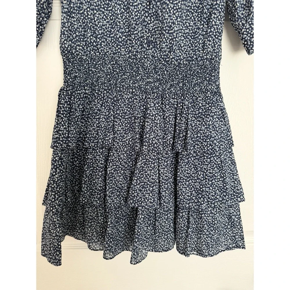 Michael Kors Floral Cotton Lawn Tiered Mini Dress Smocked Waist Navy Blue Medium